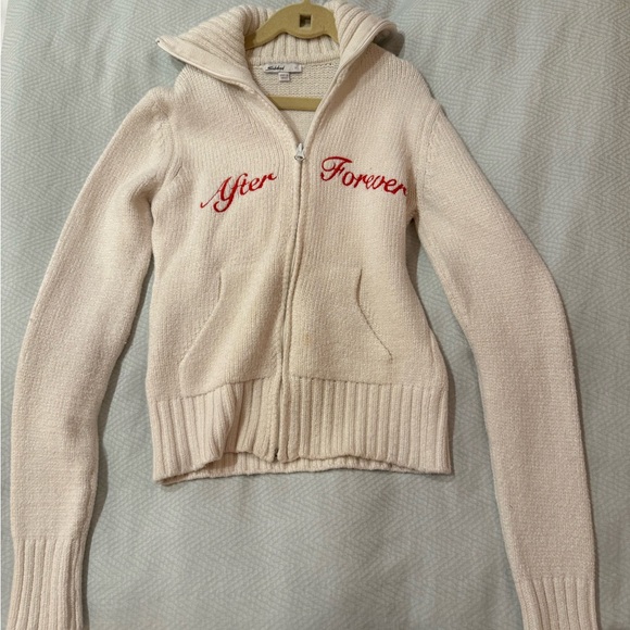 Subdued White Zip-Up ‘After Forever’ Cardigan with Red Embroidery - Picture 3 of 5